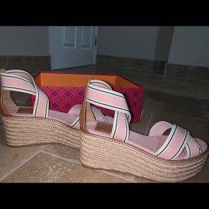 Tory Burch Blush Stripe Tan Wedges